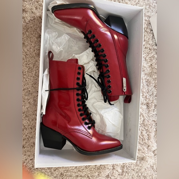 CHLOE Rylee Red Patent Leather Pointed Cuban Heel Lace Up Ankle Boots 37 - Picture 2 of 7